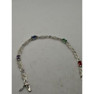 Sterling Silver  Multi-5. Colored Gemstone Link tennis Bracelet 925 7"